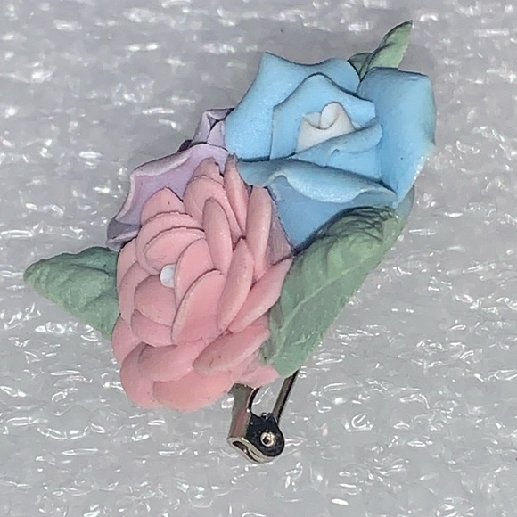 Ceramic Blue, Pink, & Violet Roses Brooch Pin - Picture 5 of 14